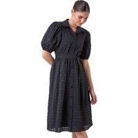 Roman Originals Textured Puff Sleeve Midi Shirt Dress for Women UK - Ladies Everyday Holiday Spring Summer Comfy Soft Evening Vacation Work Party - Black - Size 14
