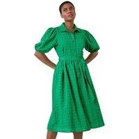 Roman Originals Textured Puff Sleeve Midi Shirt Dress for Women UK - Ladies Everyday Holiday Spring Summer Comfy Soft Evening Vacation Work Party - Green - Size 16