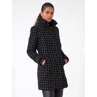 Roman Orginals Dogtooth Flock Coat for Women UK - Ladies Everyday Autumn Winter Funnel Neckline Comfy Soft Evening Vacation Work Party Night Out - Black - Size 12