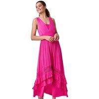 Roman Originals Lace Detail Shirred Frill Maxi Dress for Women UK - Ladies Everyday Autumn Winter V-Neckline Comfy Soft Evening Vacation Work Party Night Out - Fuchsia - Size 18