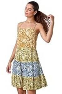 Roman Petite Leaf Print Tiered Stretch Dress for Women UK - Ladies Everyday Holiday Spring Summer Round Neckline Comfy Soft Evening Vacation Work Party - Amber - Size 20