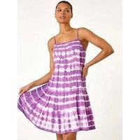 Roman Petite Leaf Print Tiered Stretch Dress for Women UK - Ladies Everyday Holiday Spring Summer Round Neckline Comfy Soft Evening Vacation Work Party - Purple & White - Size 16