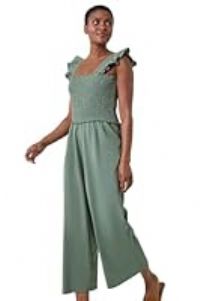 Roman Originals Cotton Linen Blend Frill Jumpsuit for Women UK - Ladies Everyday Holiday Spring Summer Square Neckline Comfy Soft Evening Vacation Work Party - Khaki - Size 18