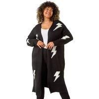 Roman Curve Printed Longline Cardigan for Women UK - Ladies Everyday Autumn Winter Comfy Soft Evening Vacation Work Party Night Out - Black Plus - Size 20