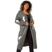 Roman Curve Printed Longline Cardigan for Women UK - Ladies Everyday Autumn Winter Comfy Soft Evening Vacation Work Party Night Out - Grey Plus - Size 22