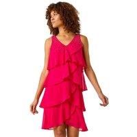 Roman Cerise Embellished Hotfix Tiered Chiffon Dress - Size 18 18 female
