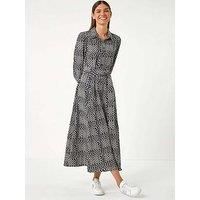 Roman Originals Shirt Dress for Women UK- Ladies Long Sleeve Belted Collared Midi Maxi Winter Autumn Smart Casual Button Through Evening Office A Line Swing Skater - Black Ivory - Size 18