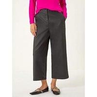 Roman Originals Coated Wide Leg Cropped Trouser for Women UK - Ladies Everyday Autumn Winter Comfy Soft Evening Vacation Work Party Night Out - Black - Size 10