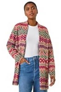 Roman Originals Women Cardigan - Ladies Longline Coatigan Tassel Open Front Cardi Winter Autumn Casual Textured Edge to Edge Yarn Patterned Comfy Work Going Out - Off White Multi - Size 12