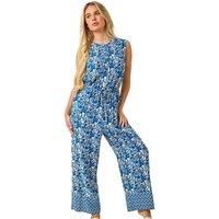 Roman Petite Floral Border Print Jumpsuit for Women UK - Ladies Everyday Holiday Spring Summer Round Neckline Comfy Soft Evening Vacation Work Party - Petite Blue - Size 18