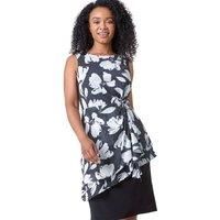 Roman Petite Floral Asymmetric Frill Dress for Women UK - Ladies Spring Everyday Summer Holiday Round Neckline Comfy Sleeveless Soft Bodycon Frock Knee Length Gowns - Black - Size 18