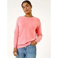 Roman Originals Soft Jumper for Women UK Ladies Winter Autumn Sweater Knit Knitwear Round Crew Neck Top Plain Lightweight Comfy Long Sleeve Split Hem Everyday Daywear - Rose Pink - Size 14