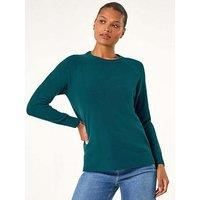 Roman Originals Soft Jumper for Women UK Ladies Winter Autumn Sweater Knit Knitwear Round Crew Neck Top Plain Lightweight Comfy Long Sleeve Split Hem Everyday Daywear - Teal - Size 14