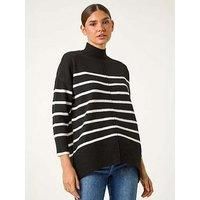 Roman Originals Relaxed Stripe Soft Knit Jumper for Women UK - Ladies Everyday Autumn Winter High Neckline Comfy Soft Evening Vacation Work Party Night Out - Black - Size 16