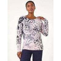 Roman Women's Fluffy Tropical Print Knit Jumper in Light Pink | Size: 18