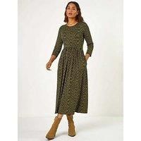 Roman Originals Midi Dress with Pockets for Women UK Ladies Stretchy Jersey Maxi Long 3/4 Length Sleeve Gathered High Waist Boho Flattering Skater Swing Fit Flare - Khaki - Size 16