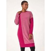 Roman Originals Knitted Jumper Dress for Women UK - Ladies Colour Block Winter Autumn Smart Casual Office Bodycon Workwear Everyday Long Sleeve Knee Length Knit Pocket - Red & Pink - Size 12