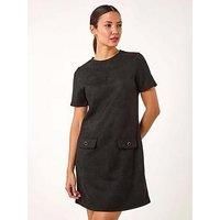 Roman Women's Faux Suede Button Shift Stretch Dress in Black | Size: 18