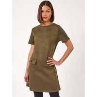 Roman Originals Suedette Button Shift Stretch Dress for Women UK - Ladies Everyday Autumn Winter Round Neckline Comfy Soft Evening Vacation Work Party Night Out - Khaki - Size 12