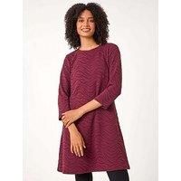 Roman Originals Wave Textured Stretch A-Line Dress for Women UK - Ladies Everyday Autumn Winter Round Neckline Comfy Soft Evening Vacation Work Party Night Out - Wine - Size 20