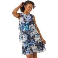 Roman Petite Navy Floral Tiered Dress - Size 10 10 female