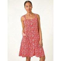 Roman Petite Ditsy Floral Print Button Dress - Red