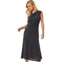 Roman Petite Sparkle Stretch Drape Dress for Women UK - Ladies Everyday Autumn Winter Round Neckline Comfy Soft Evening Vacation Work Party Night Out - Petite Black - Size 16