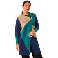 Roman Colour Block Button Collar Knit Cardigan for Women UK - Ladies Autumn Everyday Winter Holiday Long Sleeve Soft Warm Feel Comfy Jumper Office Desk Sweaters - Teal - Size 12
