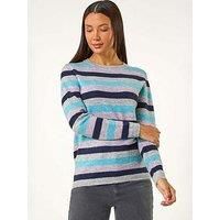 Roman Originals Women Stripe Print Jumper Ladies Winter Autumn Knit Knitted Sweater Embroidered Knitwear Casual Smart Round Crew Neck Pull Over Everyday Going Out Party - Blue - Size 18