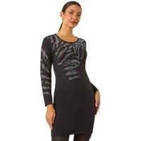 Roman Animal Print Embellished Hotfix Shift Dress for Women UK - Ladies Autumn Everyday Winter Holiday Round Neckline Comfy Long Sleeve Soft Knee Length Dinner Date Gowns - Black - Size 10
