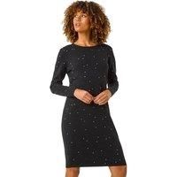 Roman Originals Hotfix Embellished Knitted Dress for Women UK - Ladies Everyday Autumn Winter Round Neckline Comfy Soft Evening Vacation Work Party Night Out - Black - Size 10