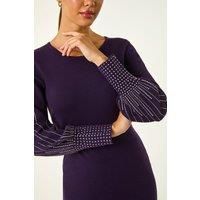 Roman Originals Stud Detail Knit Fit & Flare Dress for Women UK - Ladies Everyday Autumn Winter Round Neckline Comfy Soft Evening Vacation Work Party Night Out - Purple - Size 18