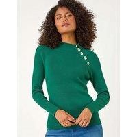 Roman Button Detail Ribbed Jumper for Women UK - Ladies Autumn Everyday Winter Holiday High Neckline Comfy Long Sleeve Soft Daywear Plain Top Desk to Dinner Sweaters - Green - Size 16
