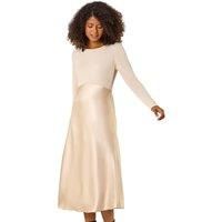 Dusk Fashion Satin Bodycon Stretch Midi Dress for Women UK - Ladies Everyday Holiday Spring Summer Round Neckline Comfy Soft Evening Vacation Work Party - Biscuit - Size 12