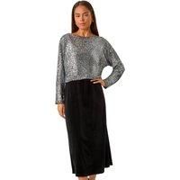 Roman Petite Petite Constrast Sequin Velvet Dress in Black 12 female