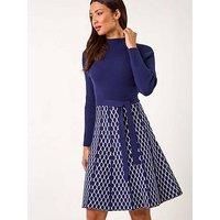 Roman Contrast Skirt Ribbed Jumper Dress - Navy