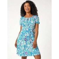 Roman Petite Blue Floral Print Stretch Dress - Size 18 18 female