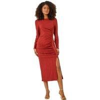 Dusk Fashion Textured Ruched Stretch Midi Dress for Women UK - Ladies Everyday Holiday Spring Summer Round Neckline Comfy Soft Evening Vacation Work Party - Rust - Size 12
