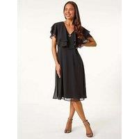 Roman Petite V-Neck Flare Trim Detail Cape Dress for Women UK - Ladies Everyday Autumn Winter V-Neckline Comfy Soft Evening Vacation Work Party Night Out - Petite Black - Size 12