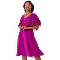 Roman Petite Petite V-Neck Flare Trim Detail Cape Dress in Fuchsia 8 female