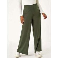 Roman Originals Wide Leg Trousers for Women UK Ladies Palazzo Pants Evening Jersey Elasticated High Waist Smart Flared Culotte Office Work Going Out Loose Crepe Bottoms - Petite Khaki - Size 14