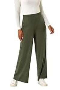Roman Originals Wide Leg Trousers for Women UK Ladies Palazzo Pants Evening Jersey Elasticated High Waist Smart Flared Culotte Office Work Going Out Loose Crepe Bottoms - Petite Khaki - Size 16