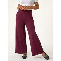 Roman Petite Wide Leg Ponte Stretch Trouser for Women UK Ladies Autumn Everyday Winter Holiday Elasticated Waist Comfy Pocket Detail Soft Jersey Bottoms Office Desk Pants - Wine - Size 14