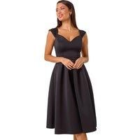Roman Sweetheart Neck Scuba Skater Dress for Women UK - Ladies Spring Everyday Summer Holiday Cap Sleeve Comfy Knee Length Soft Fit & Flare Frock Dinner Evening Gowns - Black - Size 10