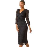 Roman Originals Corded Lace Midi Dress for Women UK - Ladies Everyday Autumn Winter V-Neckline Comfy Soft Evening Vacation Work Party Night Out - Black - Size 10