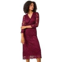 Roman Originals Corded Lace Midi Dress for Women UK - Ladies Everyday Autumn Winter V-Neckline Comfy Soft Evening Vacation Work Party Night Out - Wine - Size 12