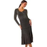 Roman Petite Metallic Pleat Knitted Dress for Women UK - Ladies Everyday Autumn Winter V-Neckline Comfy Soft Evening Vacation Work Party Night Out - Gold - Size 14