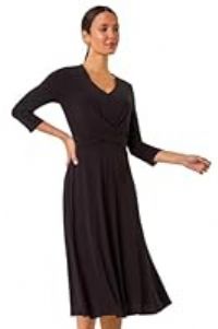 Roman Originals Stretch Crossover Midi Dress for Women UK - Ladies Everyday Autumn Winter V-Neckline Comfy Soft Evening Vacation Work Party Night Out - Black - Size 16