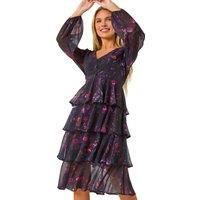 Roman Petite Petite Floral Print Tiered Midi Dress in Black 12 female