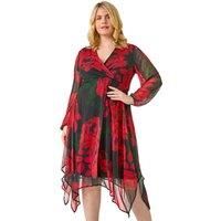 Roman Curve Abstract Print Wrap Stretch Midi Dress for Women UK - Ladies Everyday Autumn Winter V-Neckline Comfy Soft Evening Vacation Work Party Night Out - Red Plus - Size 20